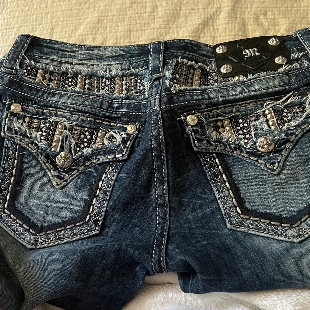 Miss Me Dark Blue Straight Leg Jeans with Embellished Back Pockets